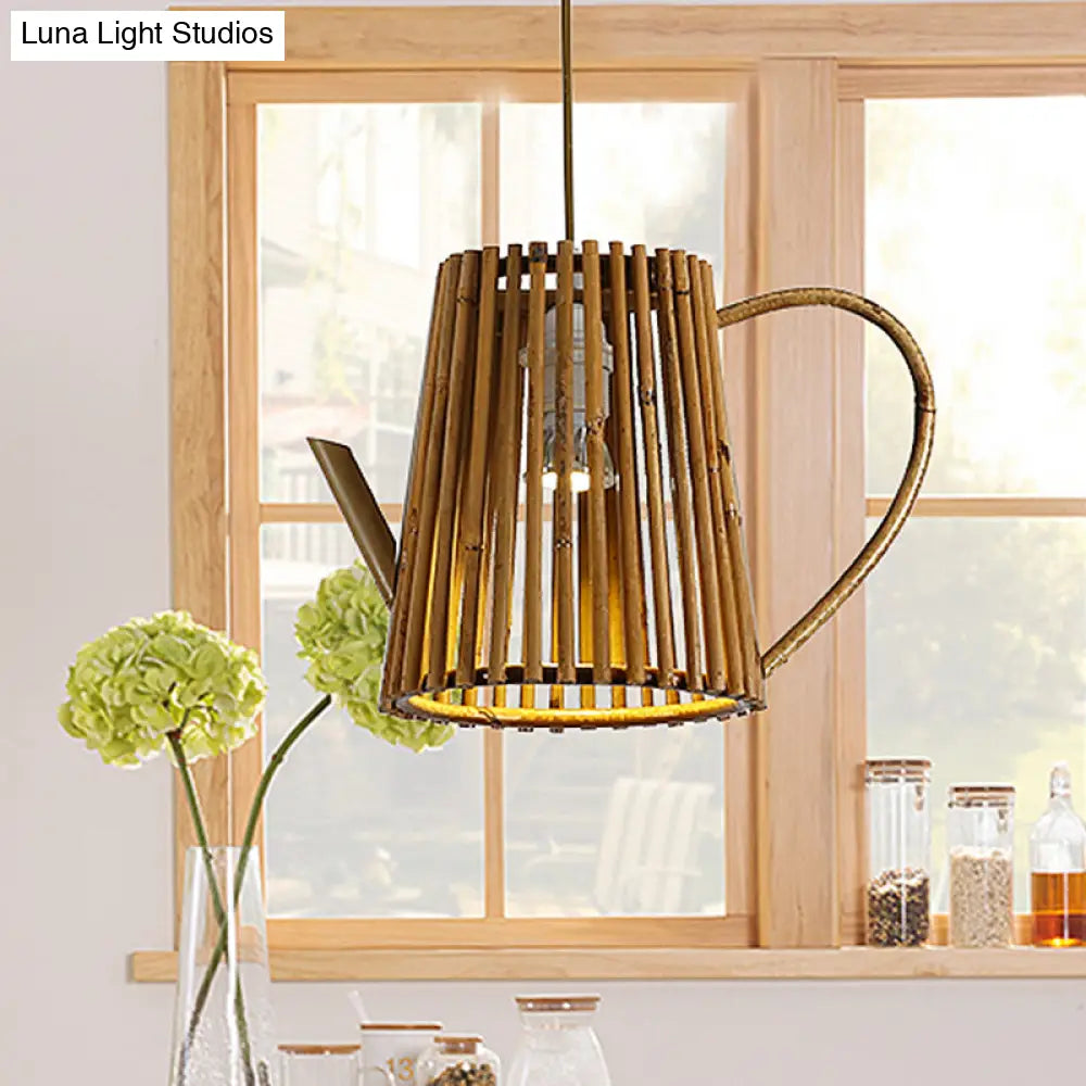 Asia 1-Head Bamboo Teapot Ceiling Lamp: Khaki Hanging Light Fixture For Living Room