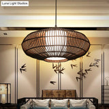 Asia Bamboo Lantern Pendant Lamp With White Acrylic Shade - Coffee Ceiling Hanging Light