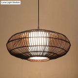 Asia Bamboo Lantern Pendant Lamp With White Acrylic Shade - Coffee Ceiling Hanging Light