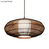 Asia Bamboo Lantern Pendant Lamp With White Acrylic Shade - Coffee Ceiling Hanging Light