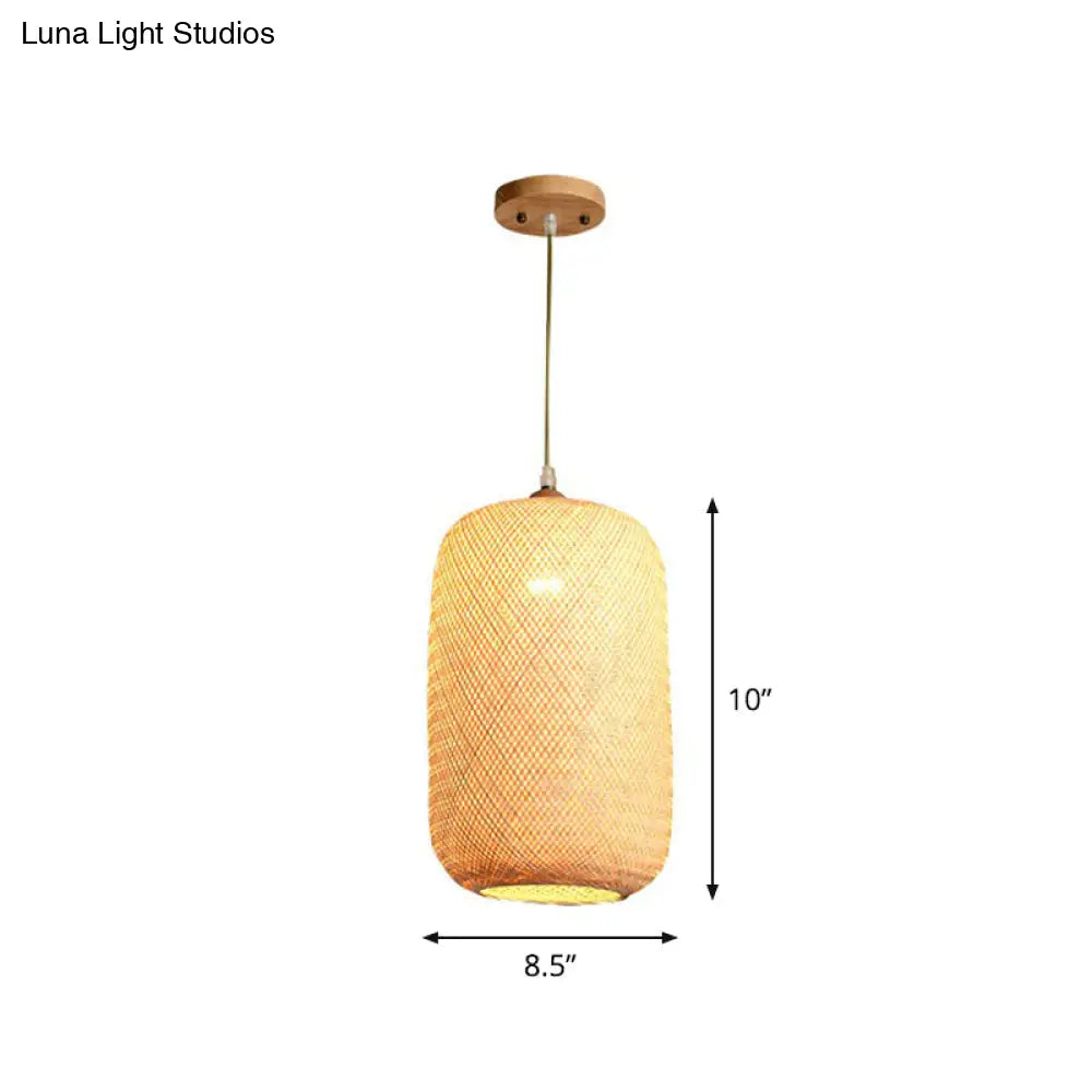 Asia Bamboo Weave Pendant Light Fixture - Restaurant Ceiling Lamp Beige Shade