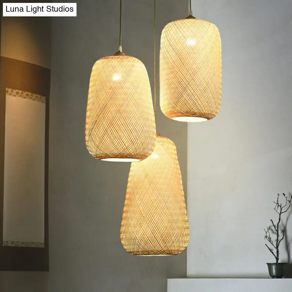 Asia Bamboo Weave Pendant Light Fixture - Restaurant Ceiling Lamp Beige Shade