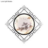 Asia Halcyon Ink Painting Mural Lamp - Led Wall Lighting Fixture In Black