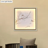 Asia Led Mural Light In Gold/Khaki With Fabric Shade - Sconce Lighting Lake And Flower Branch