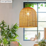 Asia Pendant Lamp: Beige Cloche Shaped Light With Bamboo Shade