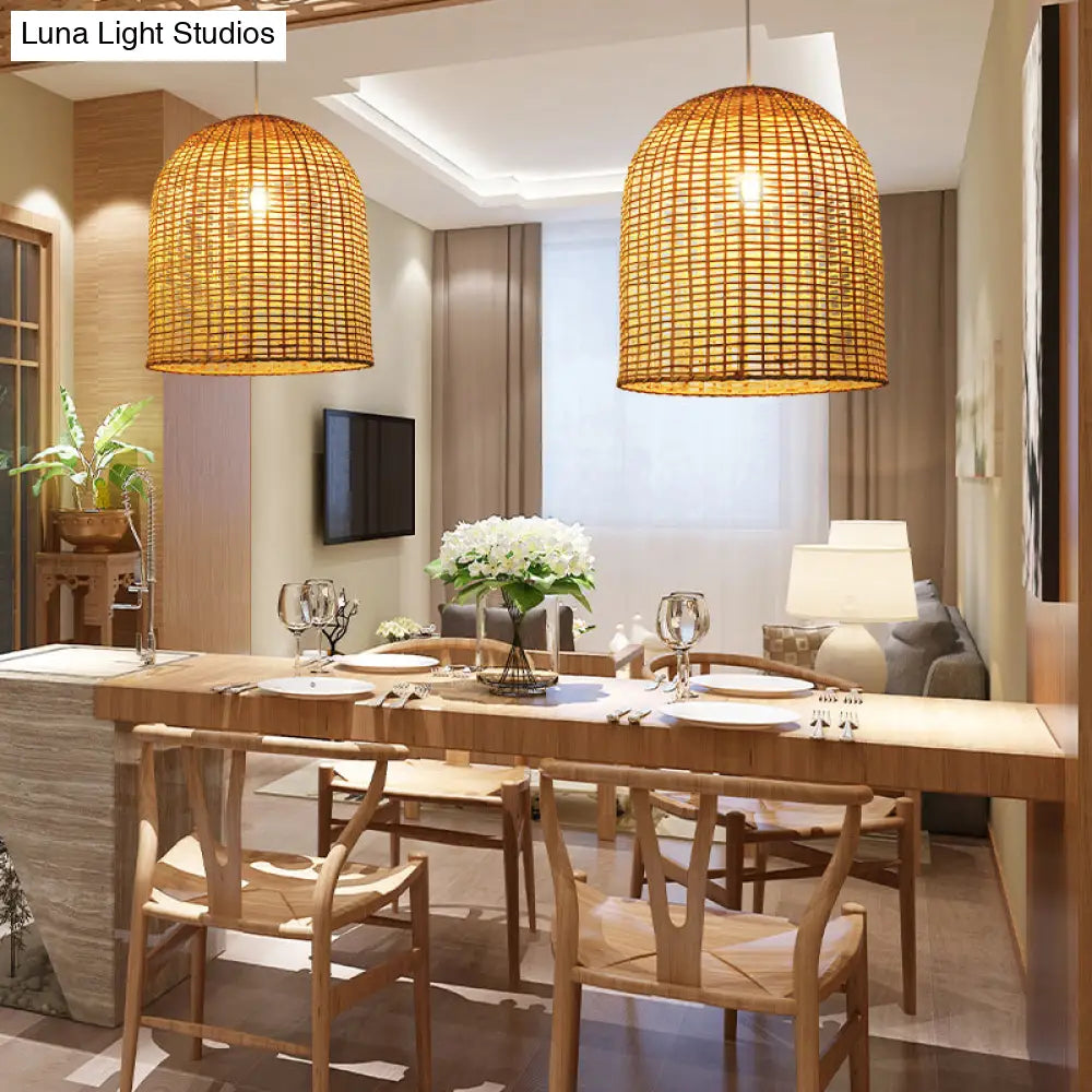 Asia Pendant Lamp: Beige Cloche Shaped Light With Bamboo Shade