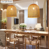 Asia Pendant Lamp: Beige Cloche Shaped Light With Bamboo Shade