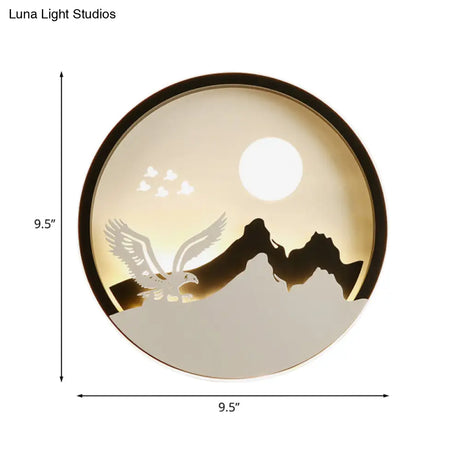 Asia Style Black Acrylic Led Wall Lamp With Eagle And Mountain Pattern