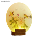 Asia Style Led Acrylic Wall Mounted Light For Bedroom- Brown Circular Blossom And Bird Mural