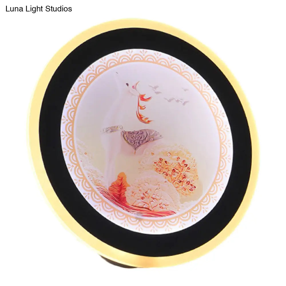 Asia Style Led Acrylic Wall Mural Light With Deer/Castle Pattern - Pink/Blue Circular Lighting Idea