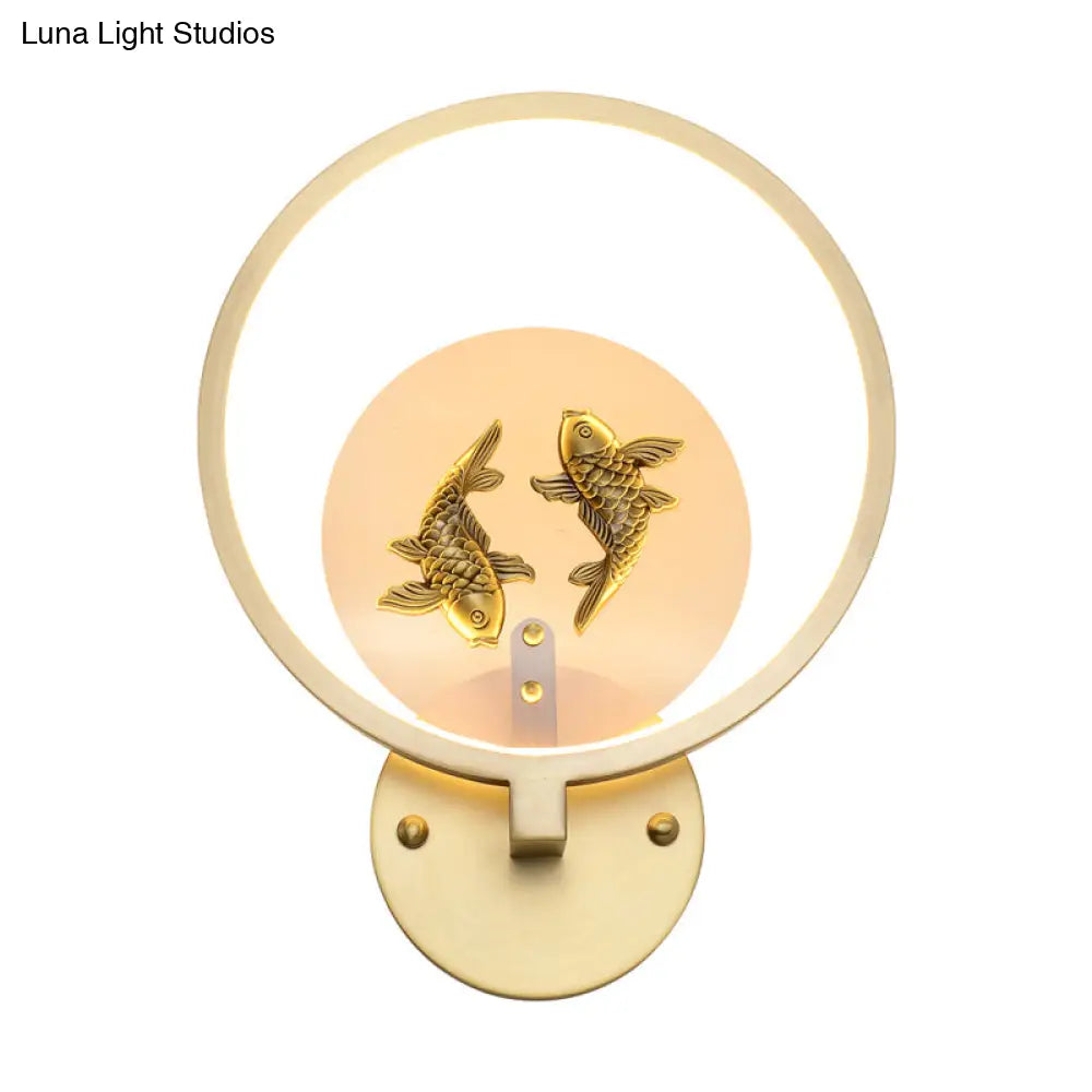 Asia Style Led Brass Double Fish Mural Lamp: Metallic Wall Mount Lighting
