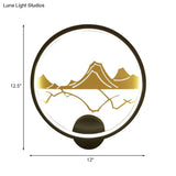 Asia Style Led Wall Light With Mountain Pattern - Black Circular Mount