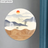 Asia Style Wall-Mounted Led Light With Wood Mural And Mountain/Branch Pattern