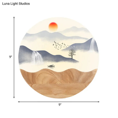 Asia Style Wall-Mounted Led Light With Wood Mural And Mountain/Branch Pattern