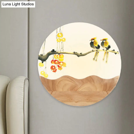 Asia Style Wall-Mounted Led Light With Wood Mural And Mountain/Branch Pattern