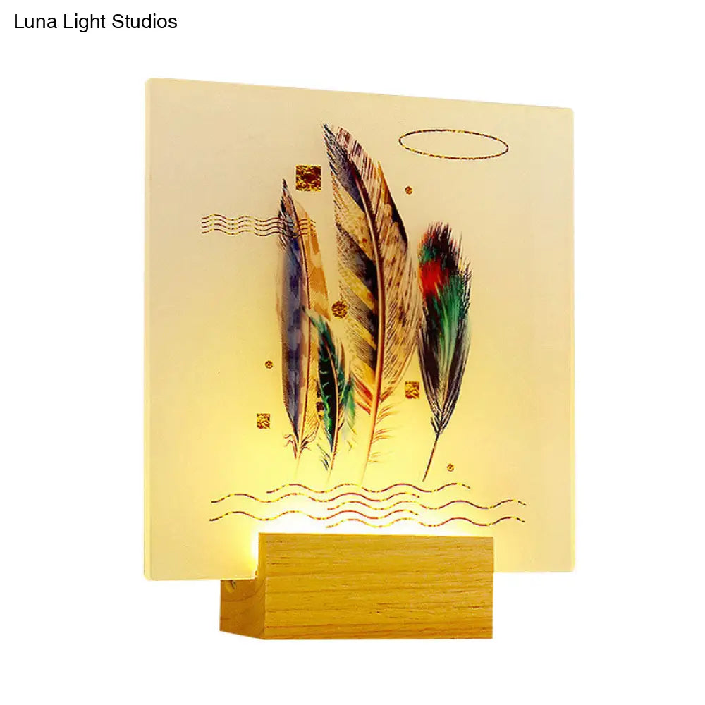 Asia Style Wood Feather Wall Lamp With Led Mural Light For Living Room