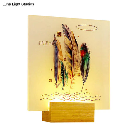 Asia Style Wood Feather Wall Lamp With Led Mural Light For Living Room