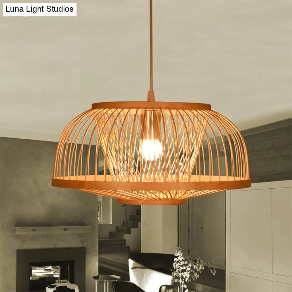 Asian Bamboo Bowl Pendant Light Fixture - Wood Ceiling For Living Room