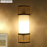 Asian Bamboo Cylinder Shade Wall Sconce Light In Beige - Stylish 1-Head Lamp For Stairway
