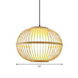 Asian Bamboo 1-Light Beige Pendant Light Fixture - Oval Suspension Lighting Inner Shade 14/16/23.5