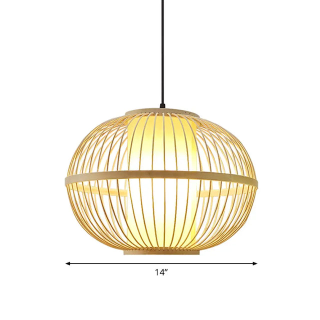 Asian Bamboo 1-Light Beige Pendant Light Fixture - Oval Suspension Lighting Inner Shade 14/16/23.5
