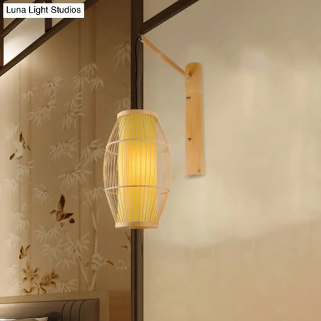 Asian Bamboo Wall Sconce In Beige - Oblong Hanging Bedroom Light Fixture With 1 Bulb