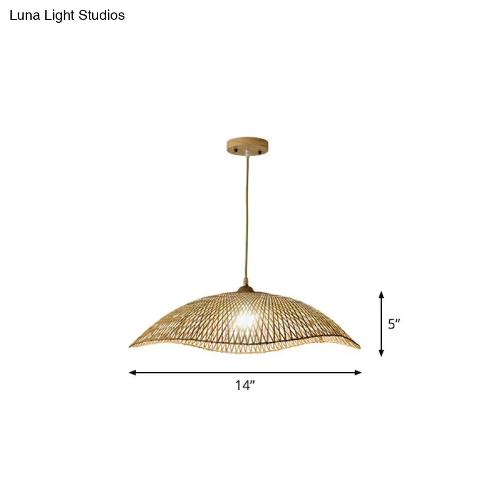 Asian Bamboo Wave-Edge Suspension Pendant Light With 1-Bulb In Beige Ideal For Bedroom Lighting