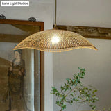 Asian Bamboo Wave-Edge Suspension Pendant Light With 1-Bulb In Beige Ideal For Bedroom Lighting