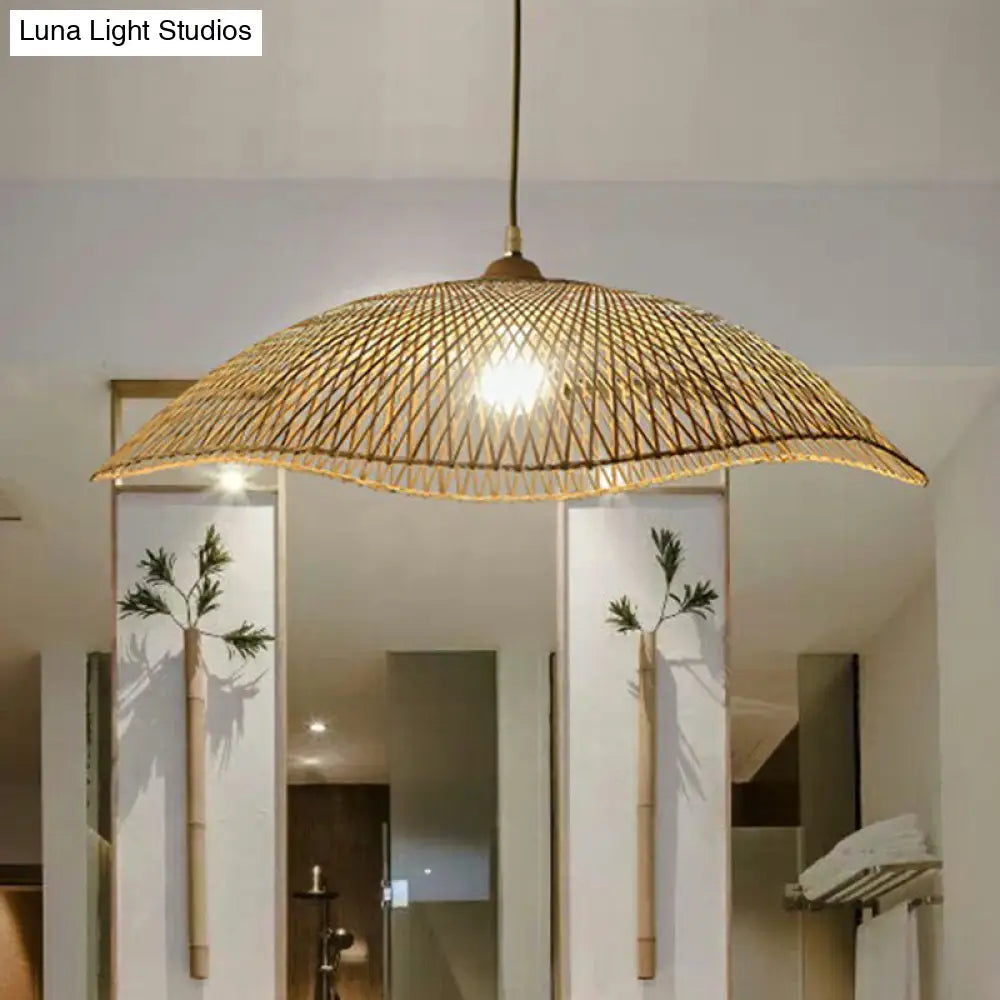 Asian Bamboo Wave-Edge Suspension Pendant Light With 1-Bulb In Beige Ideal For Bedroom Lighting