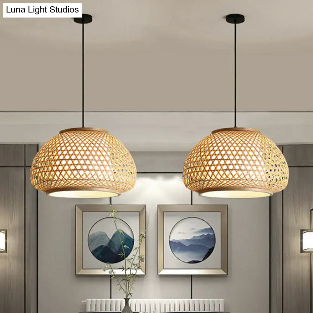 Asian Bamboo Woven Pendant Light For Dining Room - Wood Bowl Shape With 1