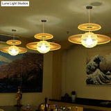 Asian Beige Bamboo Pendant Light: 1-Head Restaurant Hanging Lamp With Round Shade