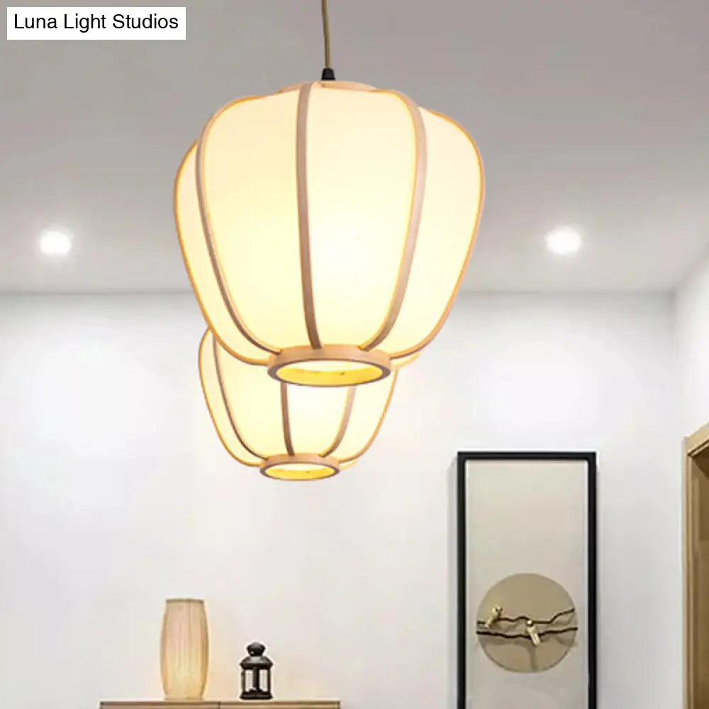 Asian Beige Hanging Pendant Light With Lantern Wood Shade For Restaurants