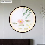 Asian Inspired Pink Lotus Mural Led Flush Mount Wall Sconce: Acrylic Integrated Lighting Solution