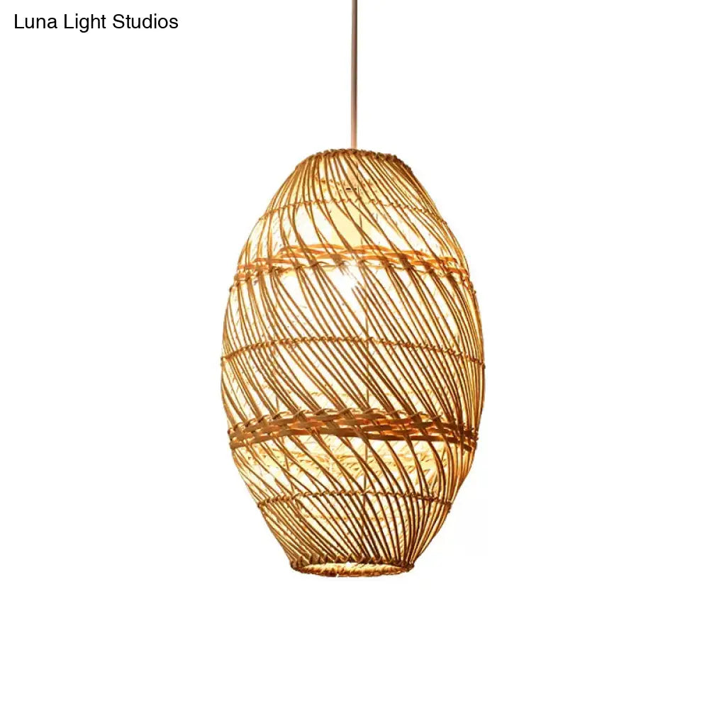 Asian-Inspired Wood Obong Pendant Lamp With Bamboo Rattan Ceiling Suspension