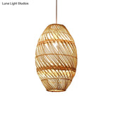 Asian-Inspired Wood Obong Pendant Lamp With Bamboo Rattan Ceiling Suspension