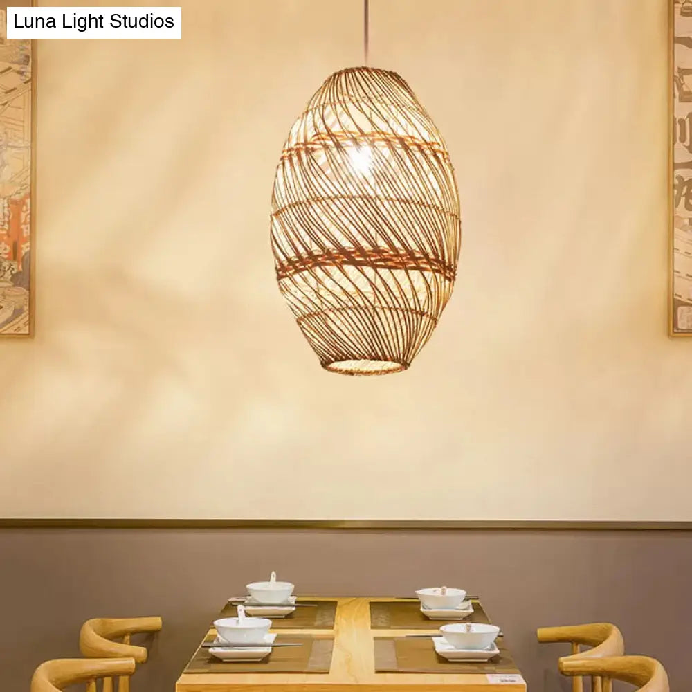 Asian-Inspired Wood Obong Pendant Lamp With Bamboo Rattan Ceiling Suspension