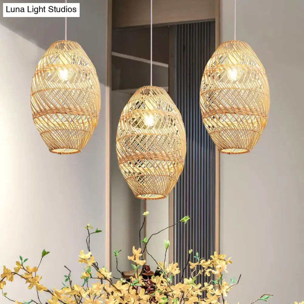 Asian-Inspired Wood Obong Pendant Lamp With Bamboo Rattan Ceiling Suspension