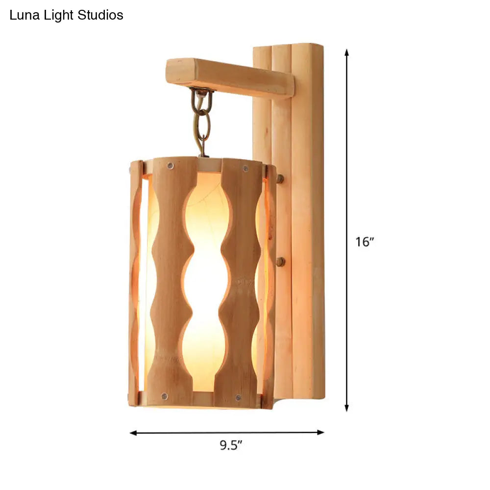 Asian-Inspired Wood Wall Mount Lamp: Single Head Khaki Sconce Light Fixture For Restaurants