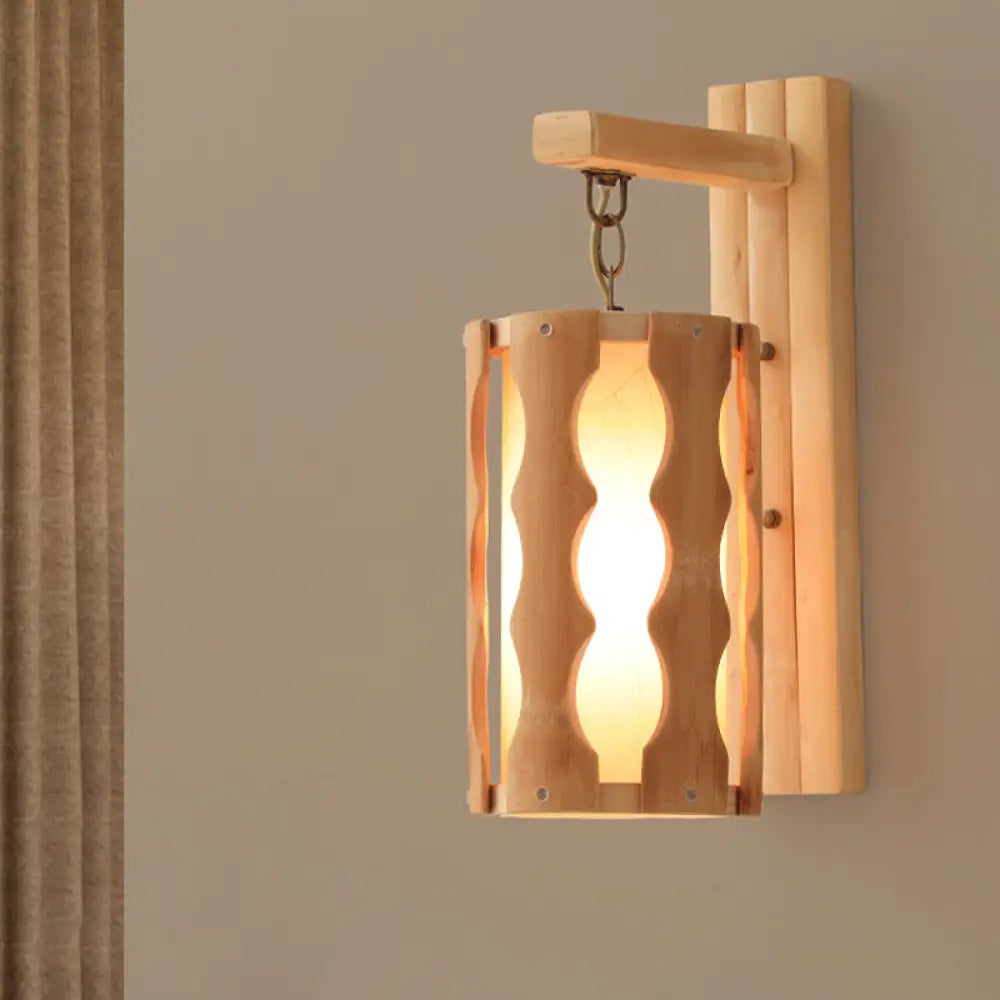 Asian-Inspired Wood Wall Mount Lamp: Single Head Khaki Sconce Light Fixture For Restaurants
