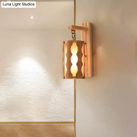 Asian-Inspired Wood Wall Mount Lamp: Single Head Khaki Sconce Light Fixture For Restaurants