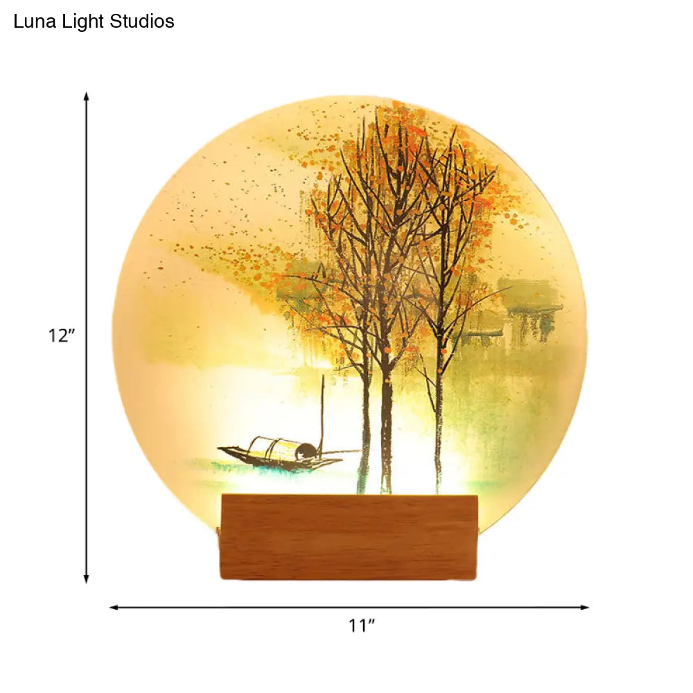 Asian Led Wall Light Sconce With Wooden Arm - Goldfish/Boat Bedside Mural Design