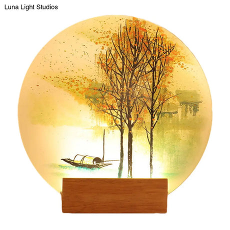 Asian Led Wall Light Sconce With Wooden Arm - Goldfish/Boat Bedside Mural Design