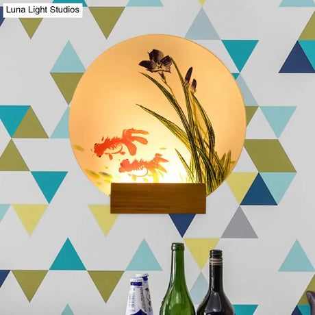 Asian Led Wall Light Sconce With Wooden Arm - Goldfish/Boat Bedside Mural Design