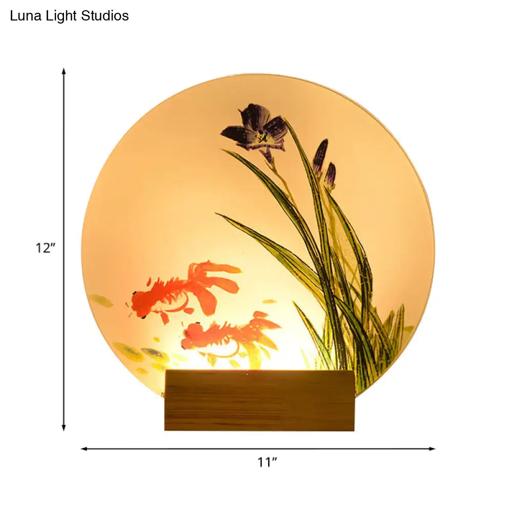 Asian Led Wall Light Sconce With Wooden Arm - Goldfish/Boat Bedside Mural Design