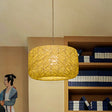 Asian Rattan Drum Pendant Light Fixture With Flaxen Lampshade - 1 Bulb Hanging Kit