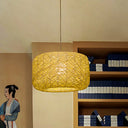 Asian Rattan Drum Pendant Light Fixture With Flaxen Lampshade - 1 Bulb Hanging Kit