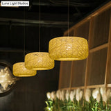 Asian Rattan Drum Pendant Light Fixture With Flaxen Lampshade - 1 Bulb Hanging Kit