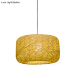 Asian Rattan Drum Pendant Light Fixture With Flaxen Lampshade - 1 Bulb Hanging Kit