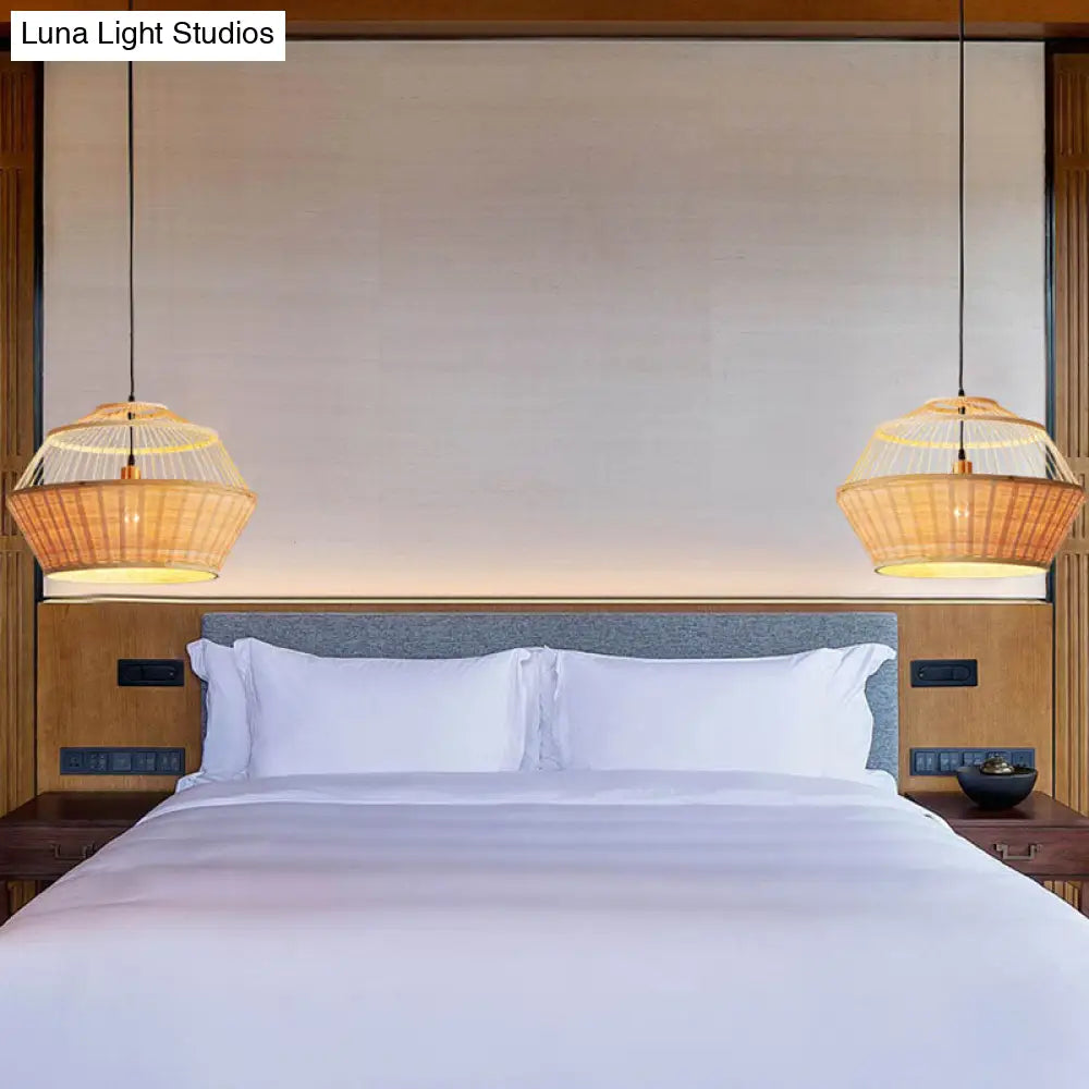 Asian Rattan Hand-Twisted Wood Ceiling Lamp: 1-Bulb Pendant Lighting For Bedside
