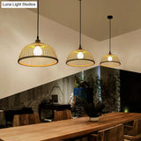 Asian Style Bamboo Ceiling Light: Hemispherical 1 Bulb Wood Hanging Lamp For Restaurants